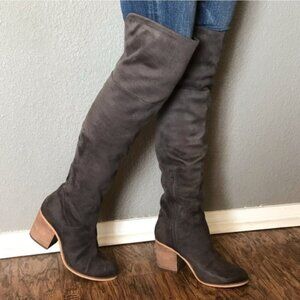 Melrose and Market Gray Faux Suede Over-The-Knee Stacked Heel Boots - Size 9.5